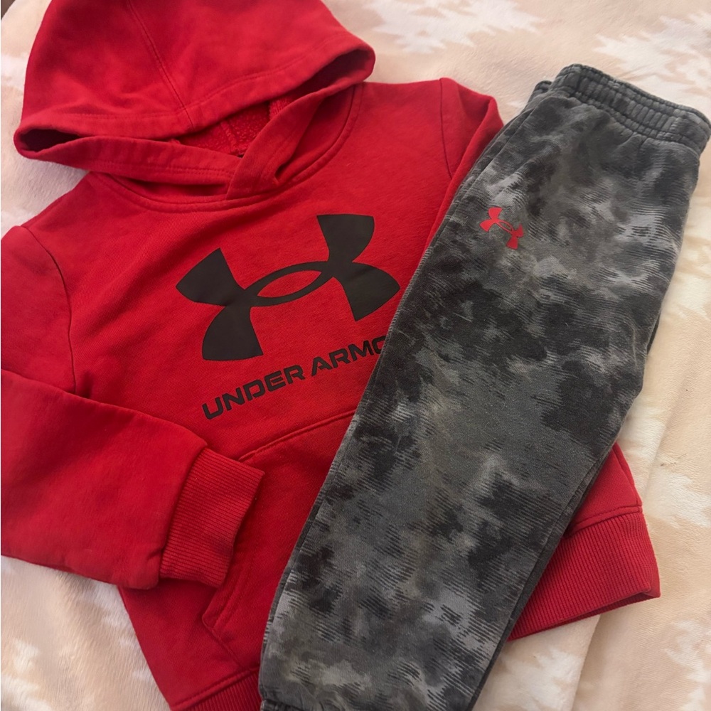 Under Armour Red Hoodie and Gray Camo Joggers